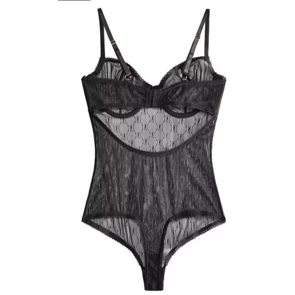 INC International Concepts Womens Sz L Monogram Sheer Mesh Bodysuit Black
